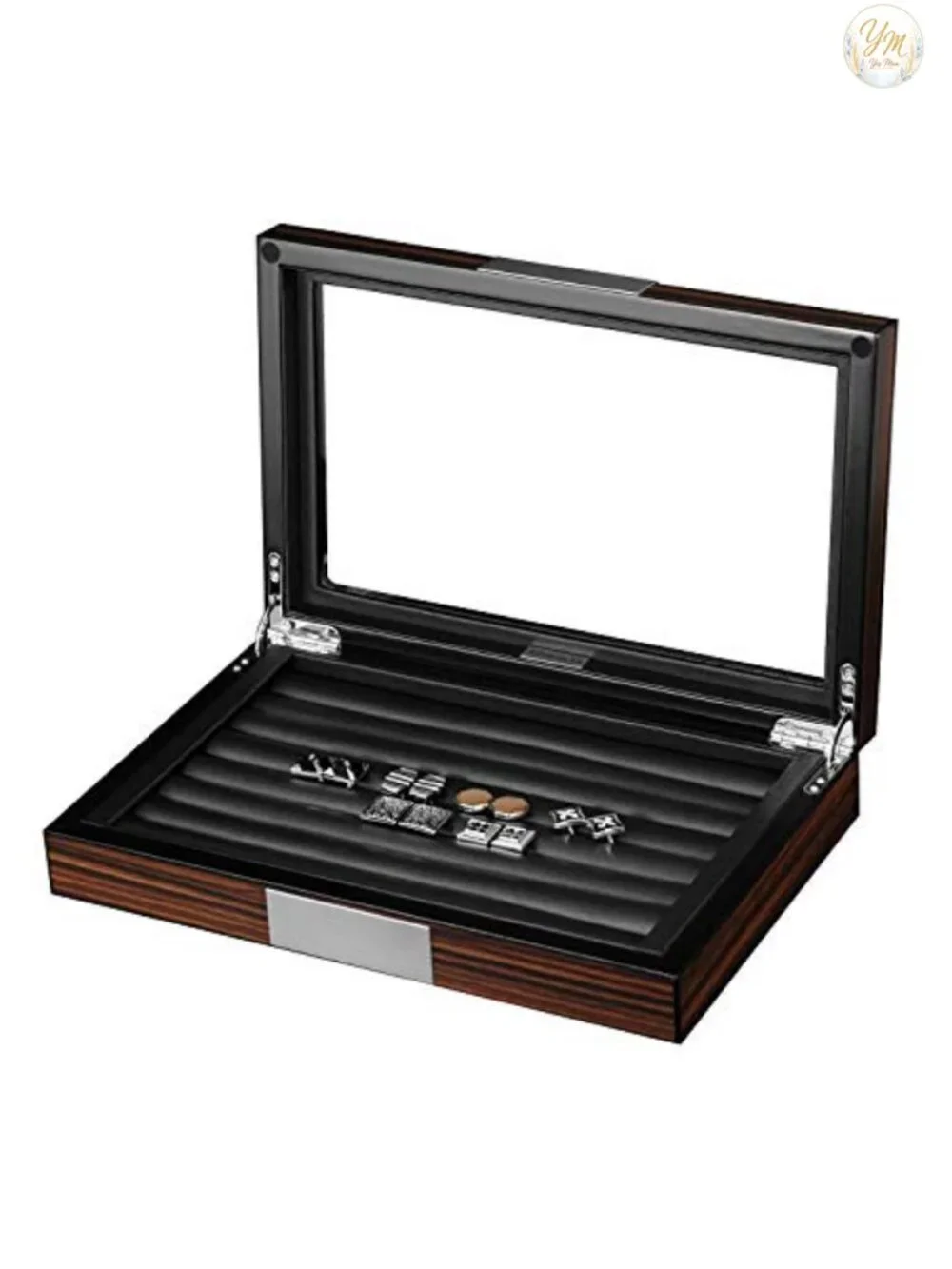 Men's Wooden Cufflink Box Organizer with Real Glass Window, Velvet Lined, 36-46
